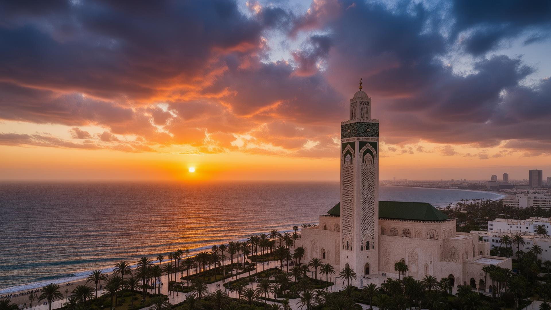 Mosquée Hassan II à Casablanca au coucher du soleil