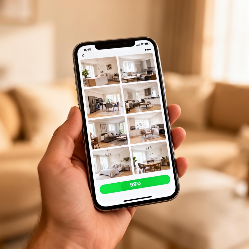 Smartphone affichant l'analyse MSC des photos du logement