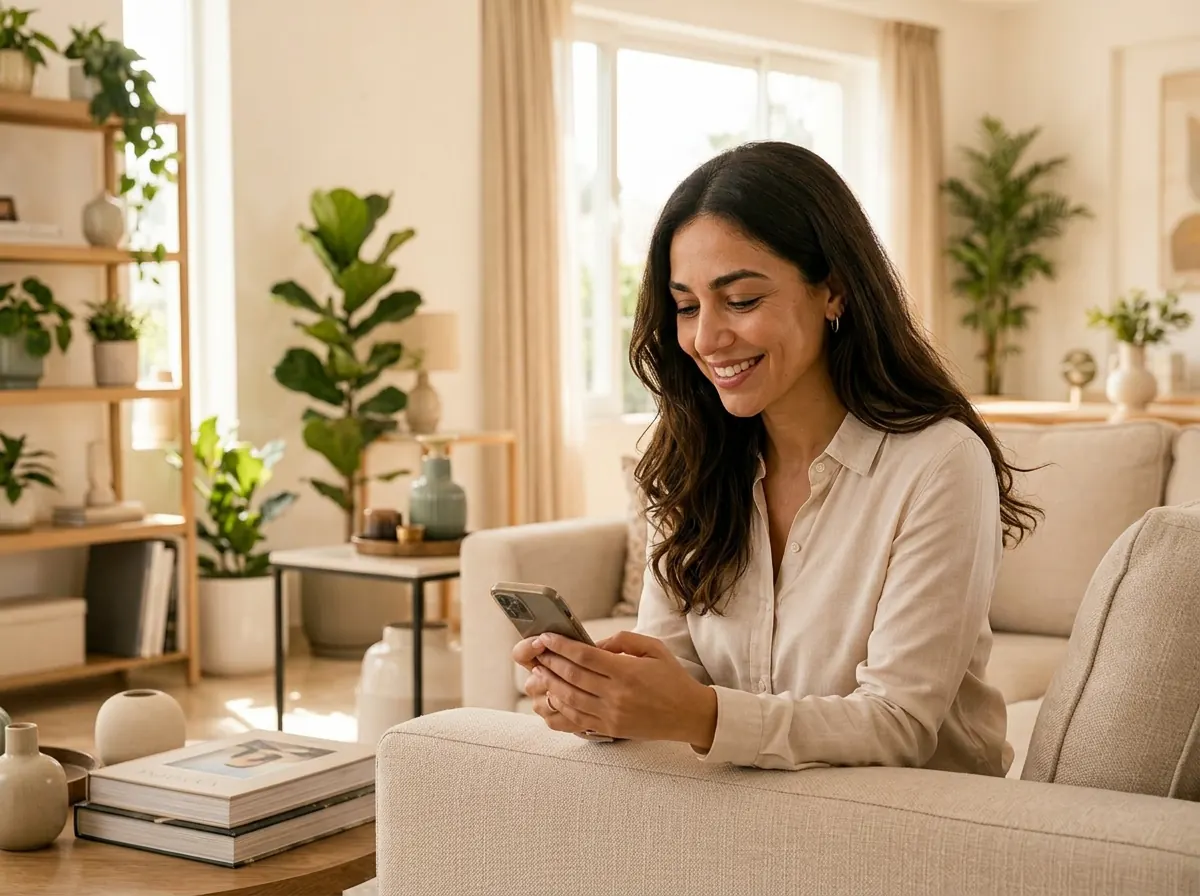 Cliente souriante validant sa réservation sur smartphone