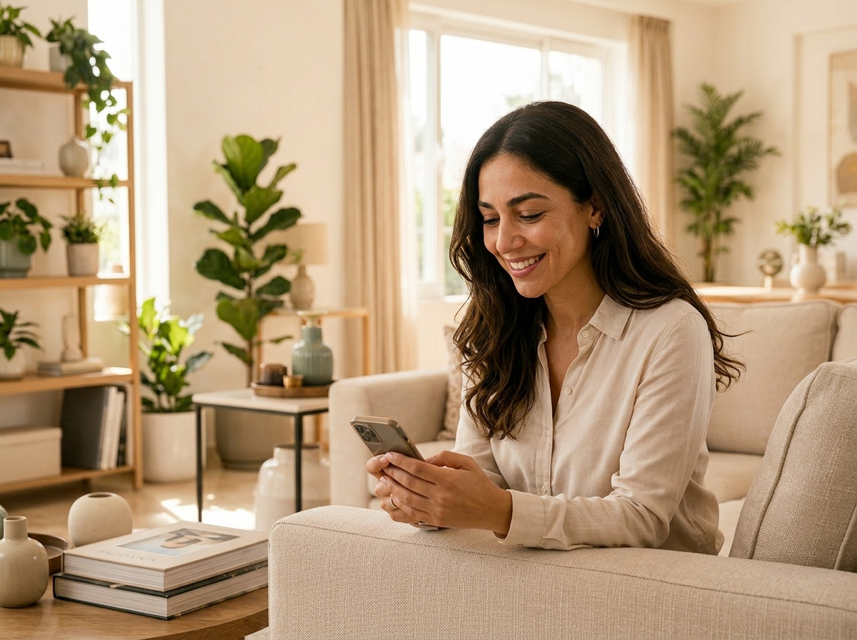 Cliente souriante validant sa réservation sur smartphone